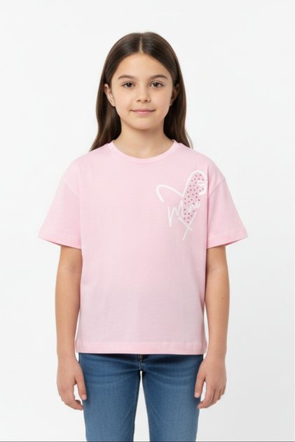 Girl's Bow Tulle Detailed Stoned Heart Printed T-Shirt