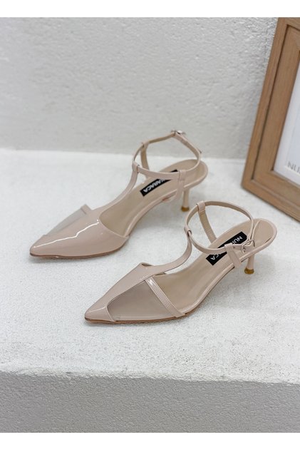 8581 Tulle Detailed 6cm Short Thin Heel Open Back Strap Stiletto Shoes for Women