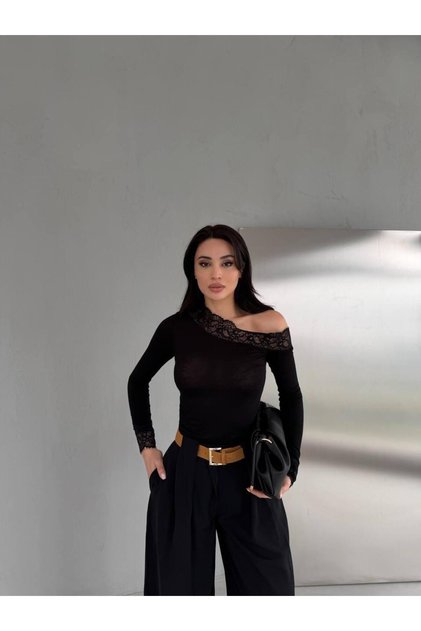 Dantel Detaylı Tek Omuz Slim Fit Kadın Bluz