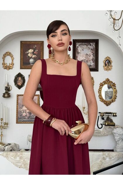 maf collection Women's Burgundy Square Neck Thick Strap Long Evening Dress  with Bow Detail on the Back Graduation Dress- Trendyol
