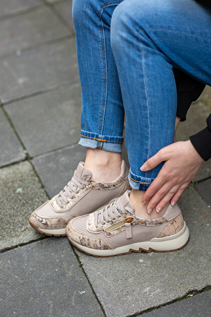 Mammamia 03970 Hakiki Deri Bağcıklı-Fermuarlı Kauçuk Kadın Sneaker