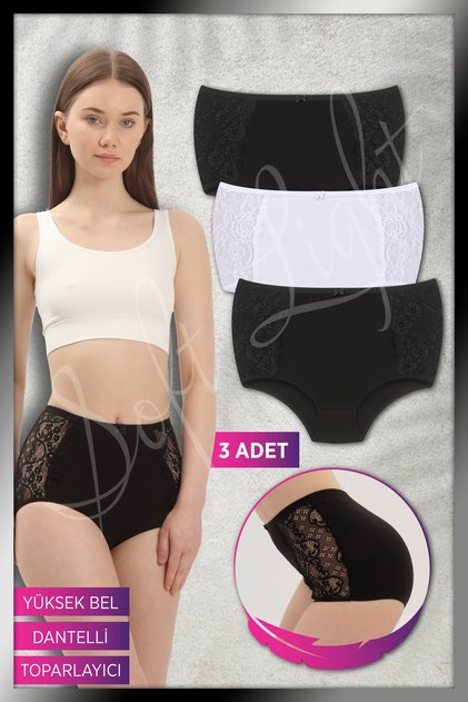 Lace Gathering Women's Panties High Waist Cotton Black and White Panties 3 Pack