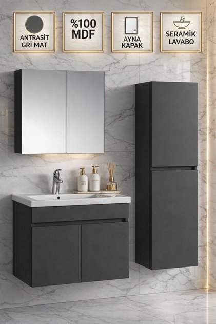 55 cm + 35 cm Antrasit Gri Mat Asma Banyo Dolabı Takımı - Seramik Lavabolu Aynalı Banyo Dolap Seti