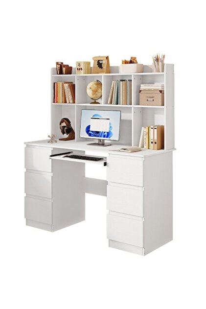 Birou modern cu extensie, alb, 6 sertare