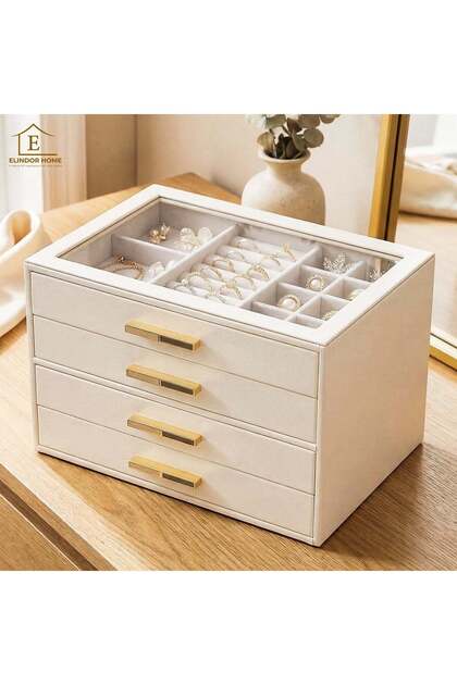® Cutie de bijuterii cu capac, Organizator pe 4 niveluri, 4 sertare, Spațiu de depozitare, 25 × 17 × 17 cm, Alb