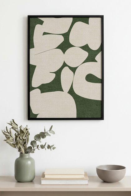 Black Wooden Framed Abstract Patterned Painting - Green-White | Huhu1006 - Single Table Black Frame