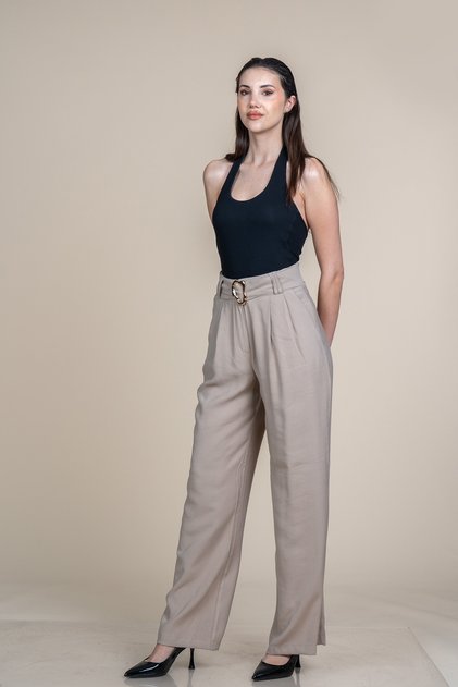 Women's Summer Beige High Waist Belted Palazzo Modal Trousers Casual Daily Office Stylish 30372