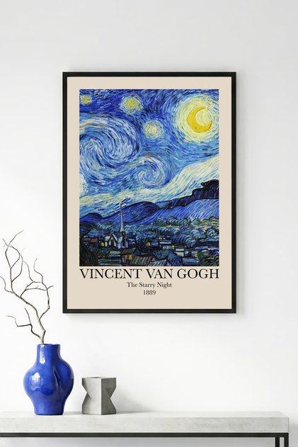 Black Wooden Framed Abstract Night Landscape Painting - Blue Tones | Huhu1158 - Single Table Black Frame