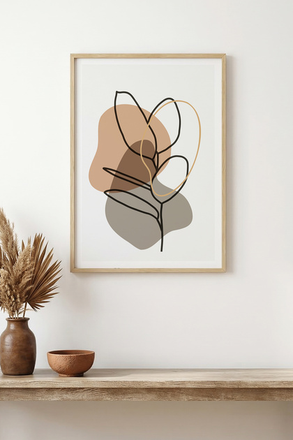 Natural Wood Framed Minimal Leaf Pattern Painting - Pastel Tones | Huhu1497 - Single Table Natural Wood Frame