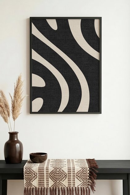 Black Wooden Framed Geometric Patterned Painting - Black-White | Huhu1008 - Single Table Black Frame