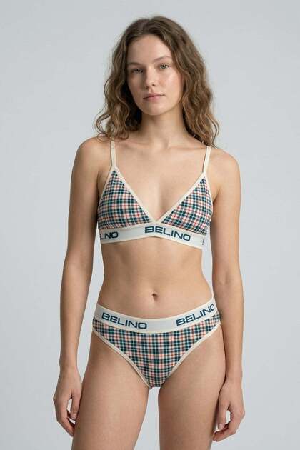 Patterned Women's Slip Panties and Bralette Set with Support Pads - Plaid Timeless