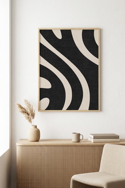 Natural Wood Framed Geometric Patterned Painting - Black-White | Huhu1008 - Single Table Natural Wood Frame