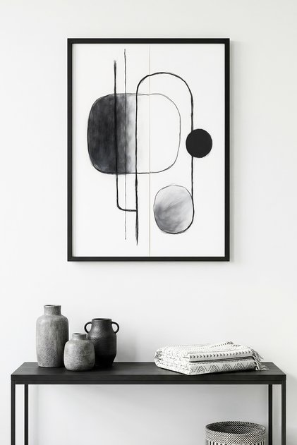 Black Wooden Framed Abstract Geometric Pattern Painting - Black-White | Huhu1231 - Single Table Black Frame