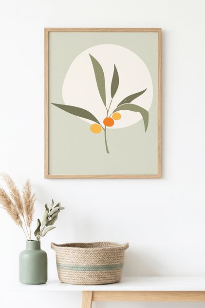 Natural Wood Framed Minimal Leaf Pattern Painting - Pastel Tones | Huhu1500 - Single Table Natural Wood Frame