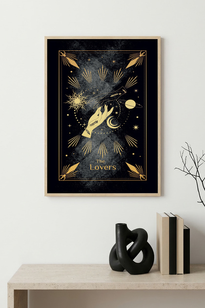 Natural Wood Framed Abstract Hand Patterned Painting - Gold Color | Huhu1609 - Single Table Natural Wood Frame