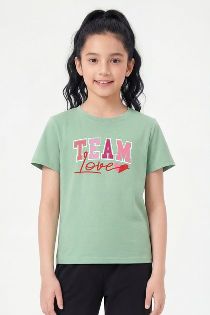 Round Neck Print Detailed Short Sleeve Mint Girls' T-Shirt