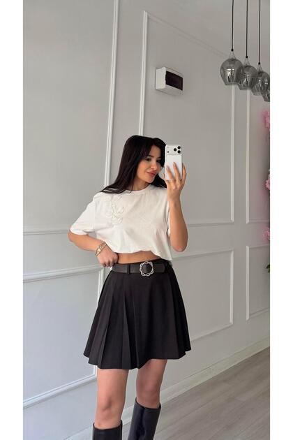 Kemerli Kısa Etek Kahve