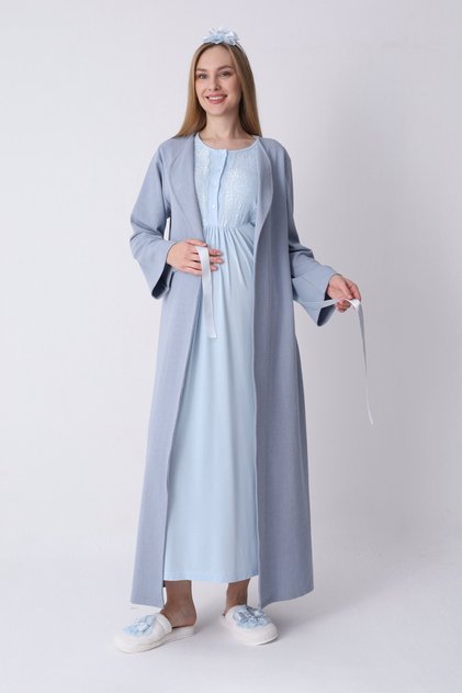 Maternity Pajamas, Nightgown and Jacquard Robe Set – Maternity Set, Cotton Textured, Buttoned for Breastfeeding