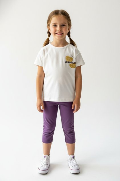 Girl's 2-Piece Capri Tatyli Set Crew Neck Short Sleeve Printed T-Shirt - Elastic Waistband Ka