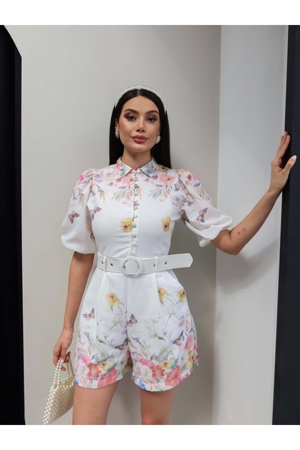 Salopetă mini cu model floral și curea