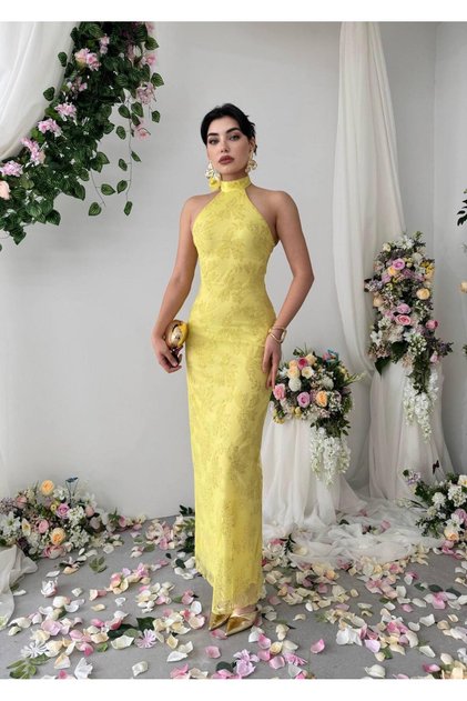 Yellow Glitter Printed Halter Neck Long Evening Dress