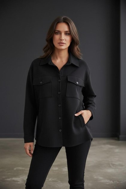Classic Pattern Black Shirt Jacket with Flap Pockets