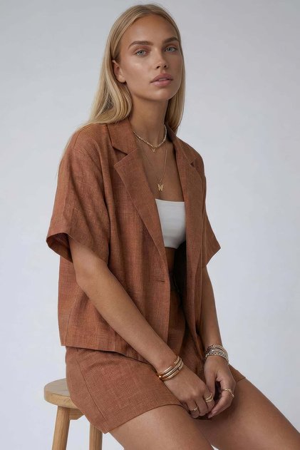 Brown Jacket Collar Oversize Linen Shirt and Tie-Up Shorts Skirt Set