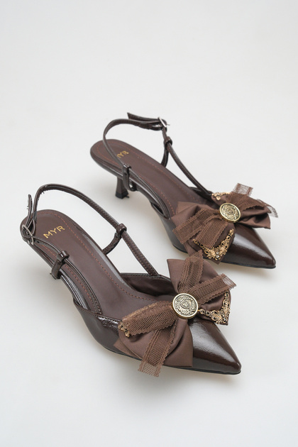 Women's Bow-Tie Open Back Short Pointed Heeled Shoes Bitter Brown