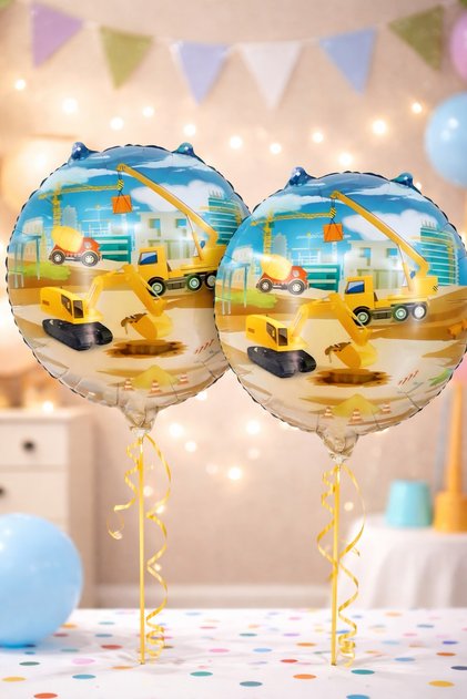 İnşaat Temalı Folyo Balon 45 cm 2’li Set Yuvarlak İş Makinesi Desenli Doğum Günü Süsü