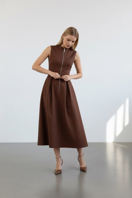 Women's Cotton Poplin Zipper Detailed Midi Dress