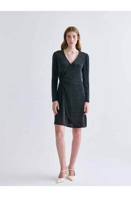 Rochie mini drapată, cu strasuri și design încrucișat