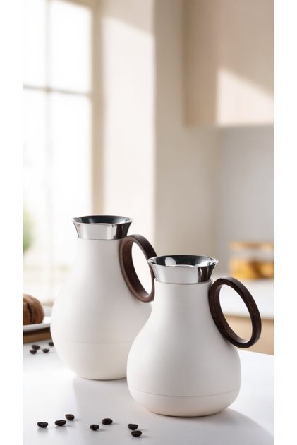 Luxury Cream White Twin Thermos Vacuum Flask Set 1L + 0.5L | Wooden Texture Style Hot & Cold