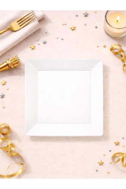 Lüks Mika Kare Tabak Plastik Parti Tabağı Beyaz 22 cm 10'lu