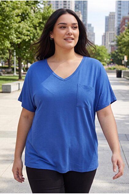 Women's Plus Size V-Neck Pocket Breathable Fabric Loose Blue Blouse