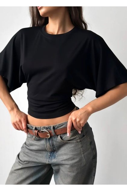 Waist-Tied Wide-Sleeved Cotton Blouse/T-Shirt/Top