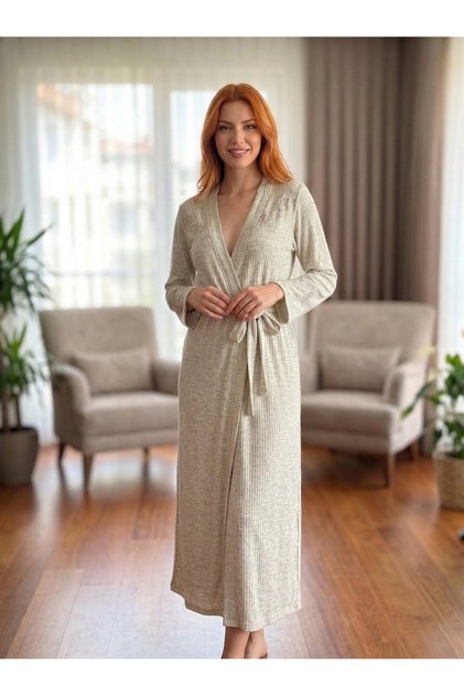 New Season Beige Stylish Lace Embroidered Summer Special Design Belted Melissa Dressing Gown