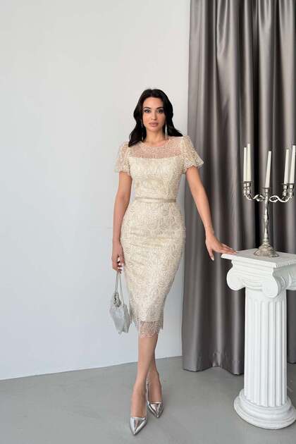 Serica Moda Beige Beaded Belted Short Sleeve Midi Evening Dress- Trendyol Serica Moda Beige Beaded Belted Short Sleeve Midi Evening Dress- Trendyol