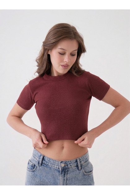 Ribbed Knitted Short Sleeve Crew Neck Crop