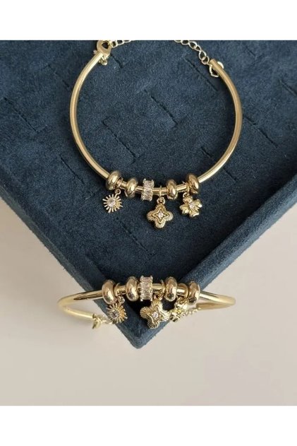 Accessories Brass Plated, Flower and Clover Stone Adjustable Women's Cuff Bracelet
