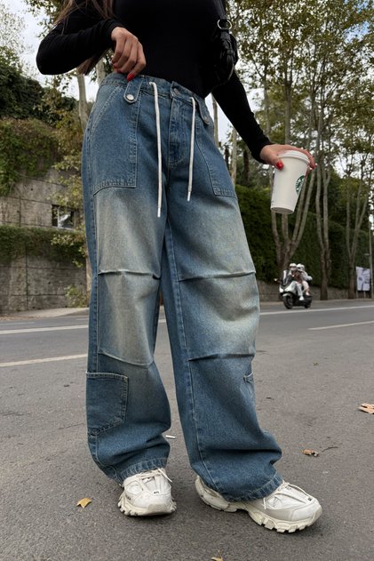 Unisex Trousers with Leg Pockets Y2K Pleated Detail Jeans