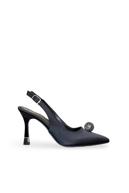 Women's Stiletto Black Satin Pointed Toe Medium Heel Stone Buckle New Season F6178