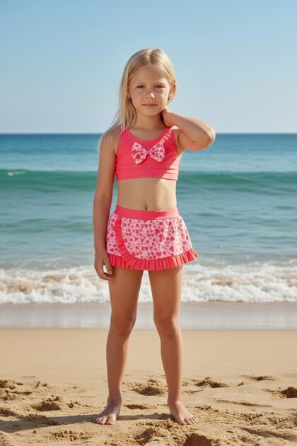 3-7 Years Old Girls' Stylish and Flexible Swimsuit with Red Heart Pattern and Bow Detail Skirted Swimsuit