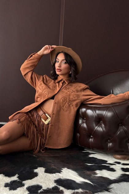 Embroidered Scuba Suede Shirt - Tan | F2024 - Taba