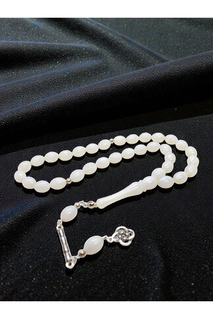 Phosphorescent Barley Cut Powdered Amber Prayer Beads White Rosary