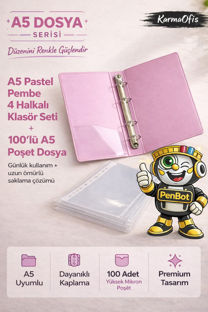 KarmaOfis A5 Pastel Pembe 4 Halkalı Klasör Seti + 100'lü A5 Poşet