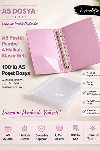 A5 Pastel Pembe 4 Halkalı Klasör Seti + 100’lü A5 Poşet Dosya | Dayanıklı Dosya Seti