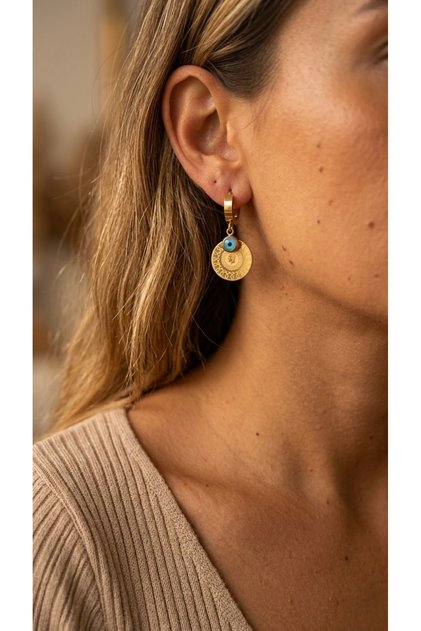Steel Evil Eye Gold Color Earrings with Gold Figures