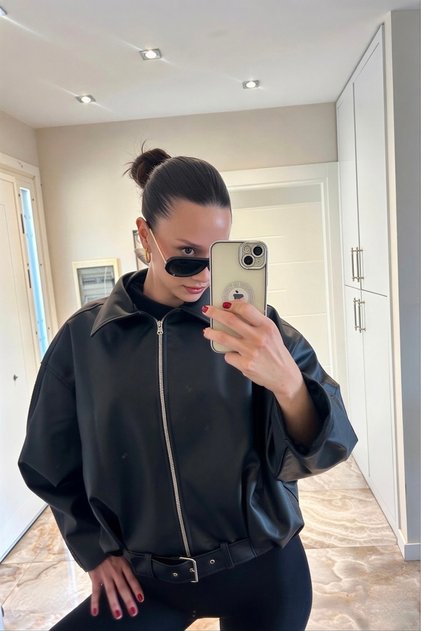 Women's Oversize Bomber Black Leather Jacket with Belt