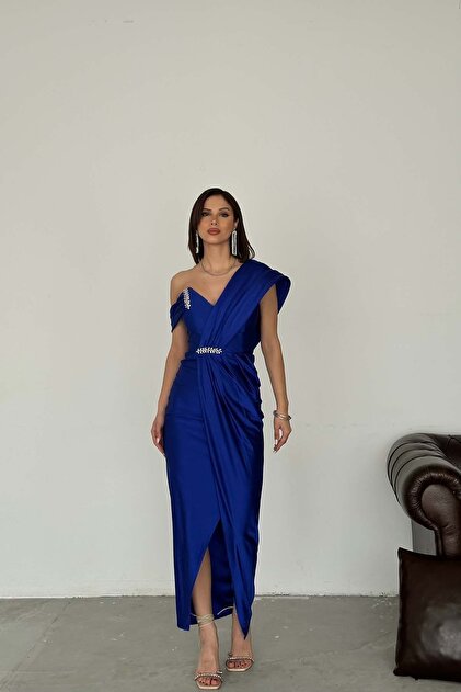 MyLoore Women's Saks Blue Draped Long Evening Dress  Stylish Event Dress  with Stone Detailing Mlb169- Trendyol