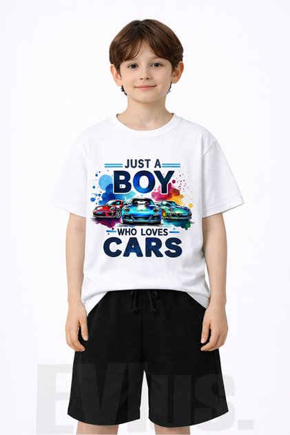 Boy's Just a Boy Who Loves Cars Printed Combed Cotton T-Shirt Shorts Set Fun Summer Cotton